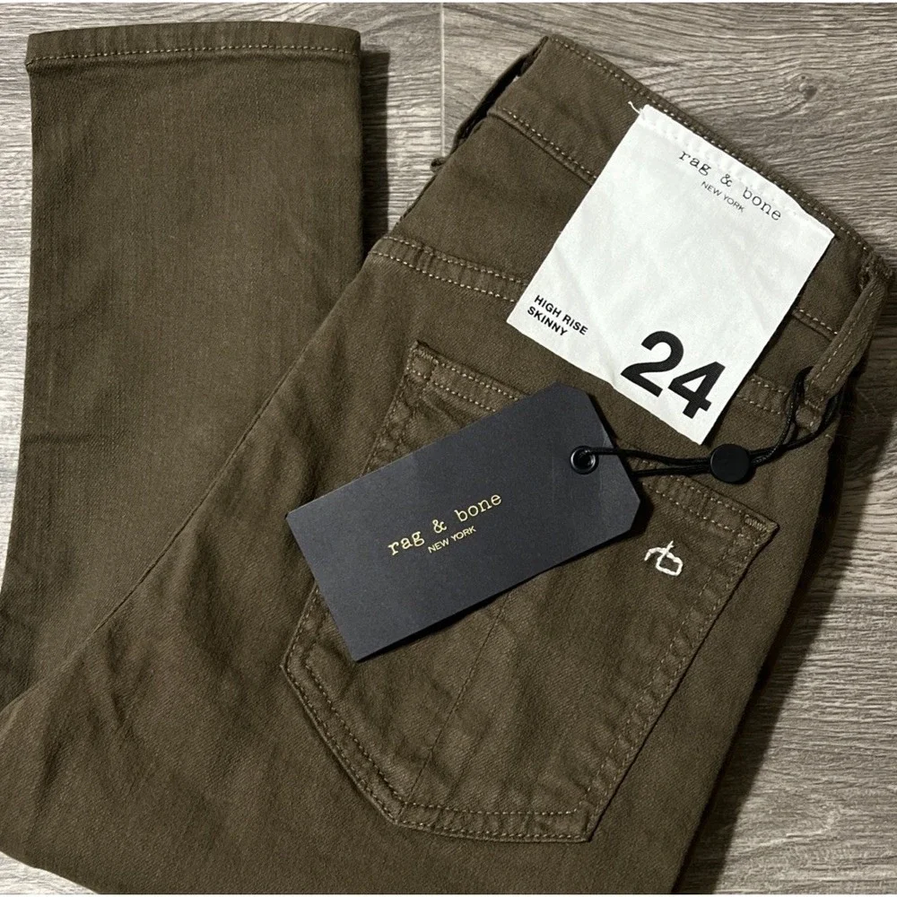 Rag & Bone Women's High Rise Skinny Dark Olive USA Made Jeans SZ 24x30, NWT $195